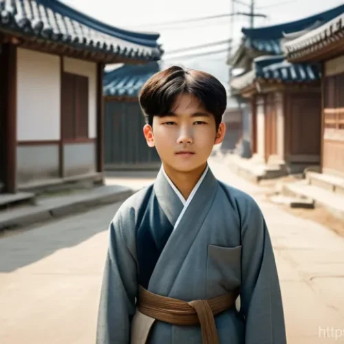Home 29 똘똘이의 시대적 배경 - A young, brave Korean boy named Ttolttoli, around 8-10 years old, standing confidently amidst a bust...