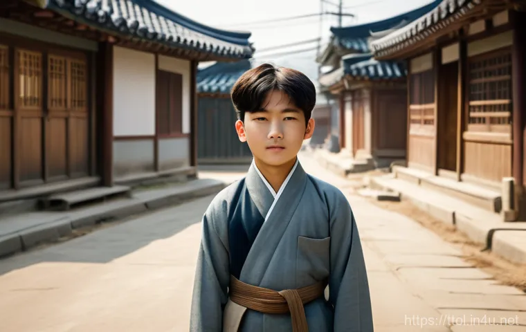 똘똘이의 시대적 배경 - A young, brave Korean boy named Ttolttoli, around 8-10 years old, standing confidently amidst a bust...